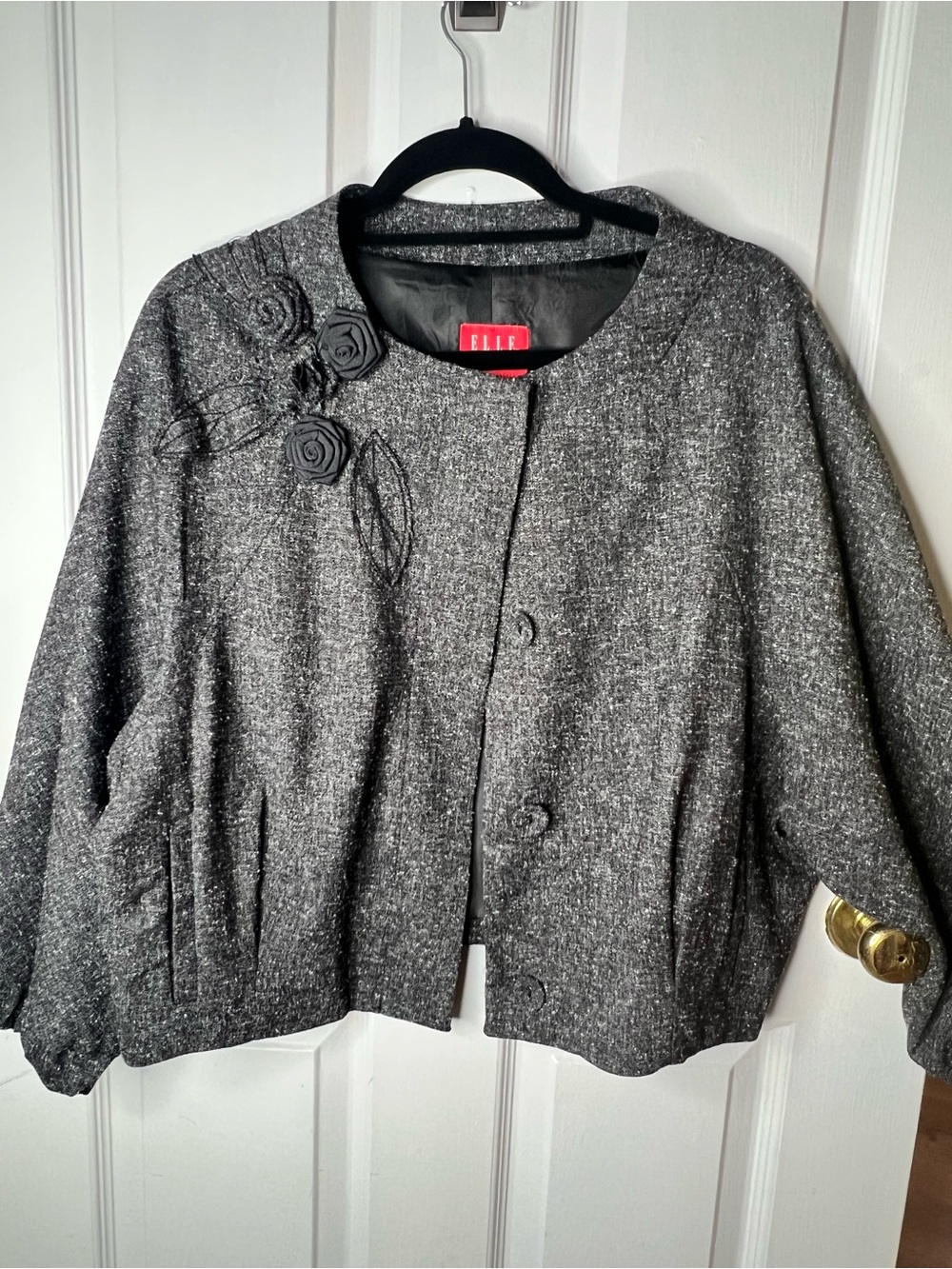 ELLE Charcoal Gray Tweed Rosette Detail Jacket
